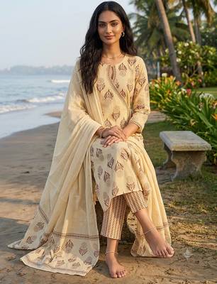 beige hand-block printed cotton straight kurta set with dupatta 2