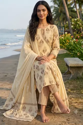beige hand-block printed cotton straight kurta set with dupatta