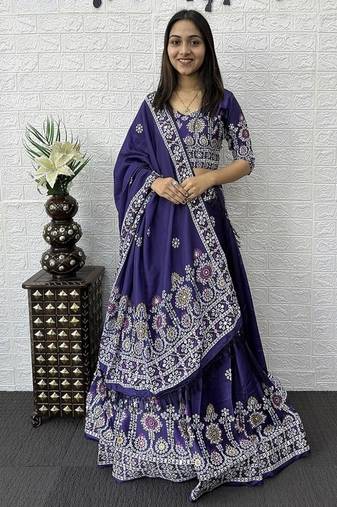 Purple Color Printed And Mirror Work Satin Lehenga Choli Set