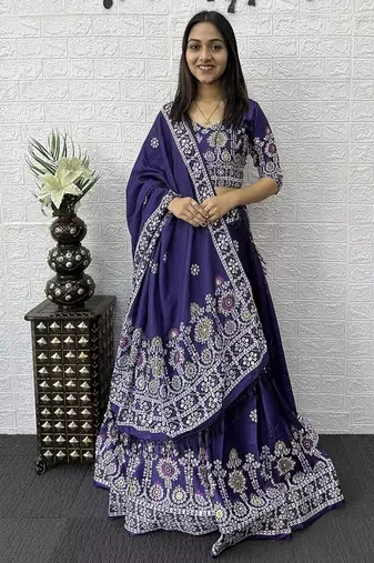 Purple Color Printed And Mirror Work Satin Lehenga Choli Set