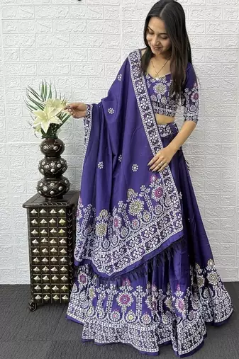 Purple Color Printed And Mirror Work Satin Lehenga Choli Set