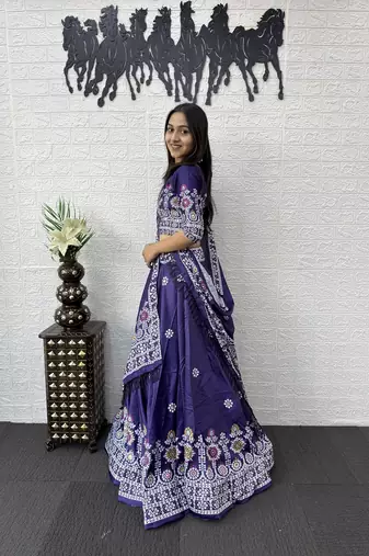 Purple Color Printed And Mirror Work Satin Lehenga Choli Set