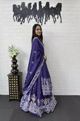 Purple Color Printed And Mirror Work Satin Lehenga Choli Set