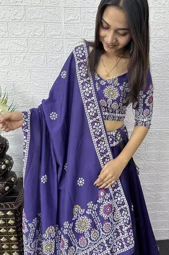 Purple Color Printed And Mirror Work Satin Lehenga Choli Set