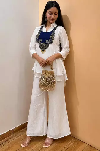white  color embroidered wrok silk blend salwar suit