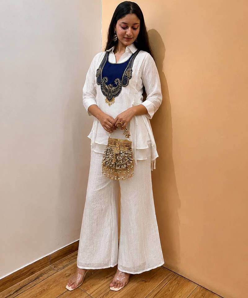 white  color embroidered wrok silk blend salwar suit