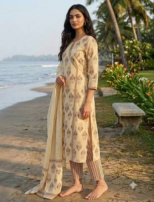 beige hand-block printed cotton straight kurta set with dupatta 3