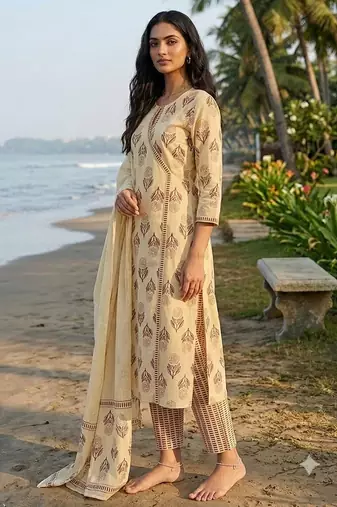 beige hand-block printed cotton straight kurta set with dupatta