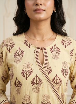beige hand-block printed cotton straight kurta set with dupatta 4