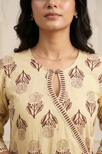 beige hand-block printed cotton straight kurta set with dupatta