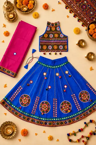 Blue kutch work embroidered cotton mirrorwork chaniya choli set with dupatta
