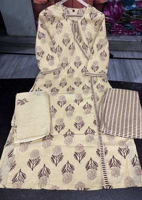 beige hand-block printed cotton straight kurta set with dupatta 5