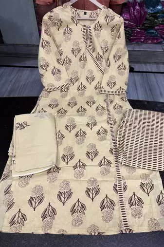 beige hand-block printed cotton straight kurta set with dupatta