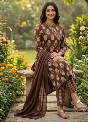 coffee brown block printed cotton angrakha-style straight kurta set 2