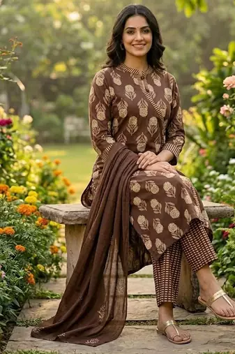 coffee brown block printed cotton angrakha-style straight kurta set