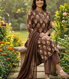 coffee brown block printed cotton angrakha-style straight kurta set