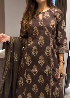 coffee brown block printed cotton angrakha-style straight kurta set 3