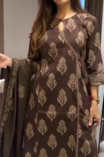 coffee brown block printed cotton angrakha-style straight kurta set