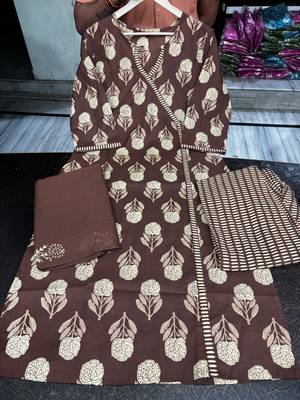 coffee brown block printed cotton angrakha-style straight kurta set 4