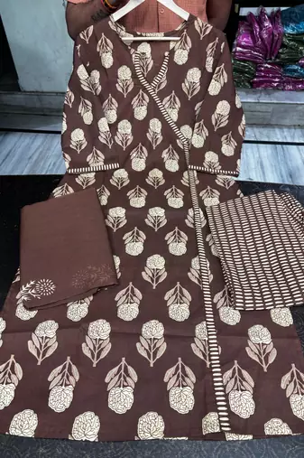 coffee brown block printed cotton angrakha-style straight kurta set