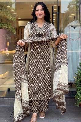 brown hand block floral printed cotton straight kurta pant set with dupatta 1