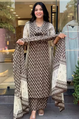 brown hand block floral printed cotton straight kurta pant set with dupatta