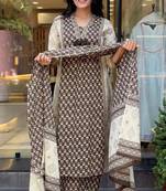 brown hand block floral printed cotton straight kurta pant set with dupatta