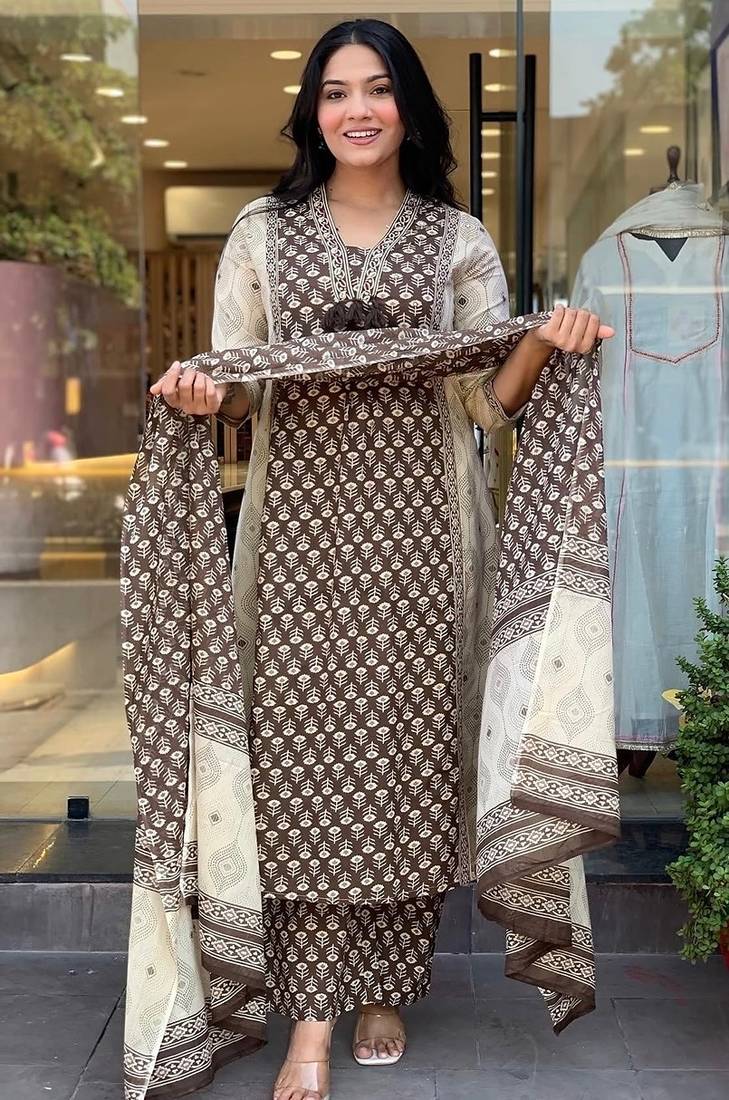 brown hand block floral printed cotton straight kurta pant set with dupatta