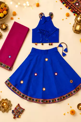 Blue kutch work embroidered cotton mirrorwork chaniya choli set with dupatta