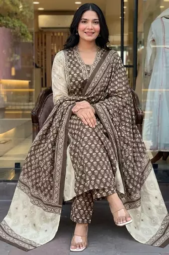 brown hand block floral printed cotton straight kurta pant set with dupatta