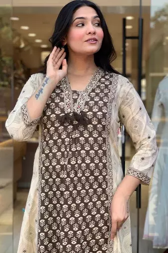 brown hand block floral printed cotton straight kurta pant set with dupatta