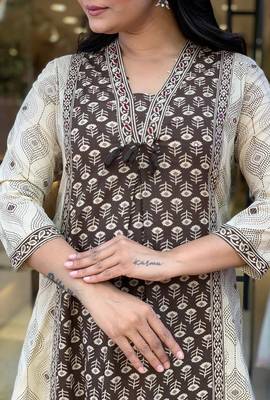 brown hand block floral printed cotton straight kurta pant set with dupatta 4