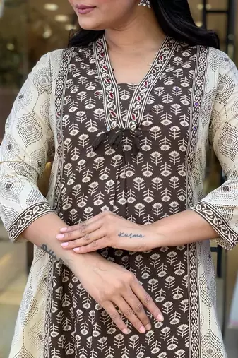 brown hand block floral printed cotton straight kurta pant set with dupatta