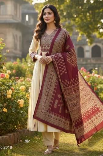 cream & maroon embroidered mirror work viscose rayon a-line kurta pant set with dupatta