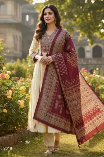 cream & maroon embroidered mirror work viscose rayon a-line kurta pant set with dupatta