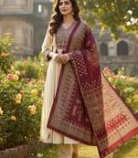 cream & maroon embroidered mirror work viscose rayon a-line kurta pant set with dupatta