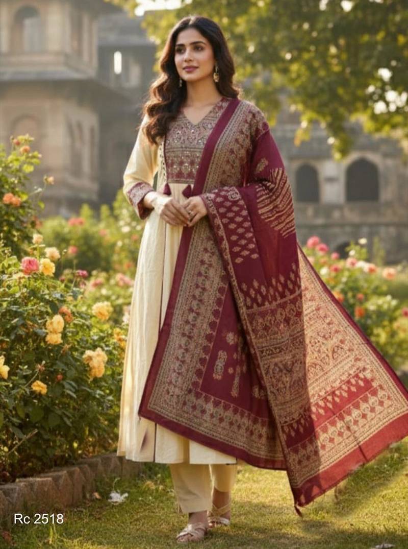 cream & maroon embroidered mirror work viscose rayon a-line kurta pant set with dupatta