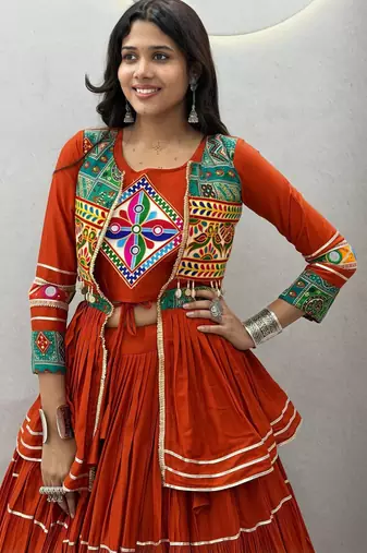 Orange Heavy gamthi work Cotton Navratri Lahenga Choli Koti