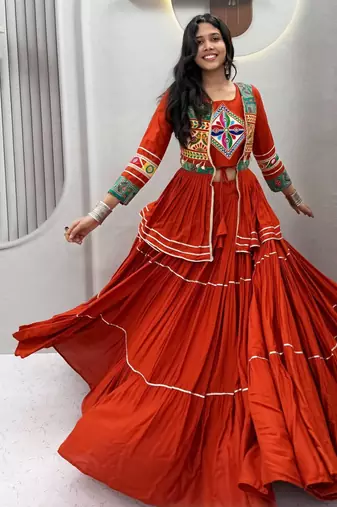 Orange Heavy gamthi work Cotton Navratri Lahenga Choli Koti
