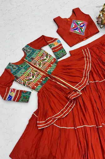 Orange Heavy gamthi work Cotton Navratri Lahenga Choli Koti