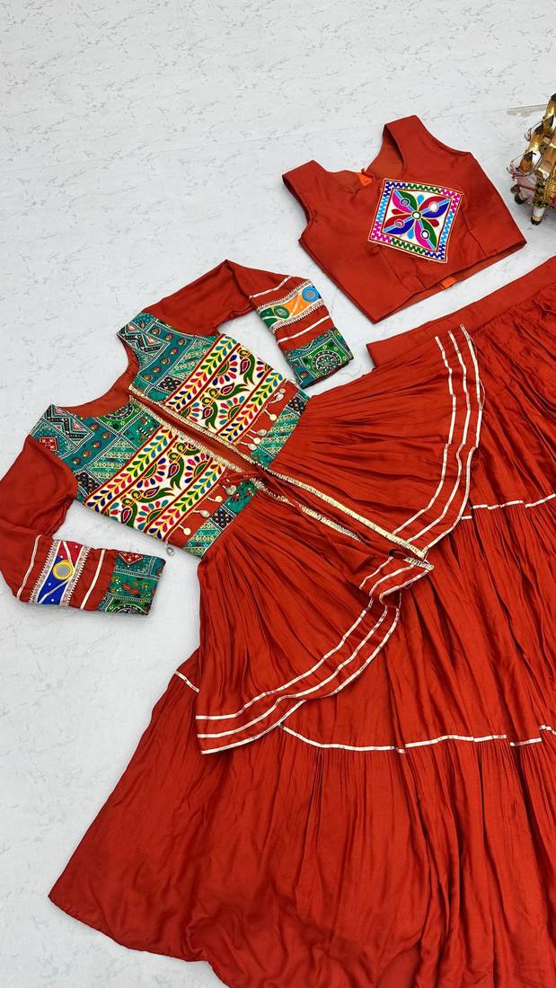 Orange Heavy gamthi work Cotton Navratri Lahenga Choli Koti
