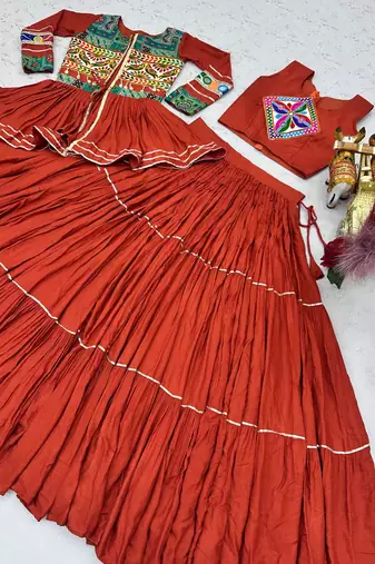 Orange Heavy gamthi work Cotton Navratri Lahenga Choli Koti