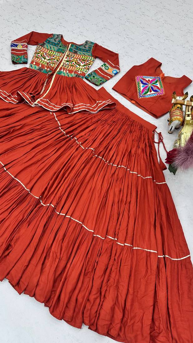Orange Heavy gamthi work Cotton Navratri Lahenga Choli Koti