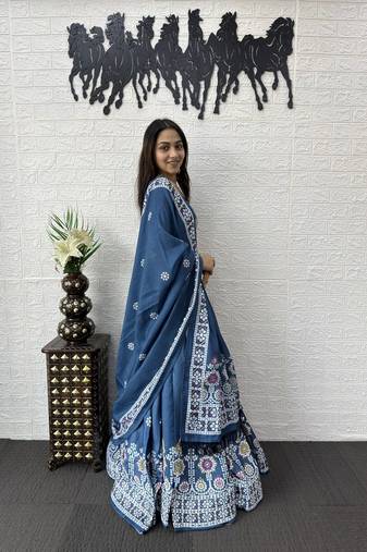 Teal Color Printed And Mirror Work Satin Lehenga Choli Set