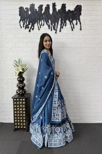 Teal Color Printed And Mirror Work Satin Lehenga Choli Set