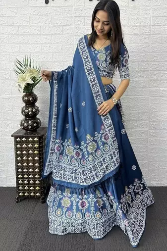 Teal Color Printed And Mirror Work Satin Lehenga Choli Set