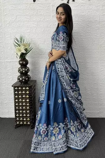Teal Color Printed And Mirror Work Satin Lehenga Choli Set