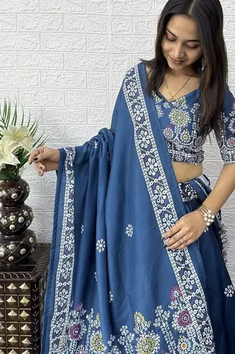 Teal Color Printed And Mirror Work Satin Lehenga Choli Set