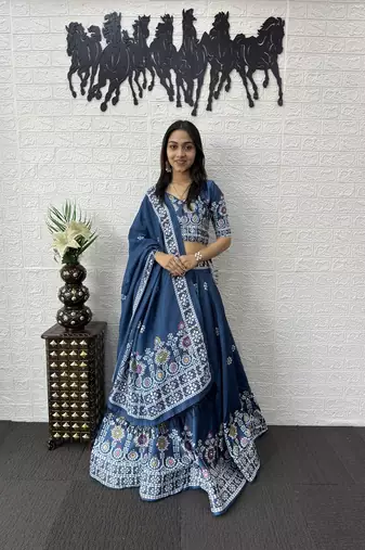 Teal Color Printed And Mirror Work Satin Lehenga Choli Set