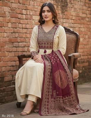 cream & maroon embroidered mirror work viscose rayon a-line kurta pant set with dupatta 2